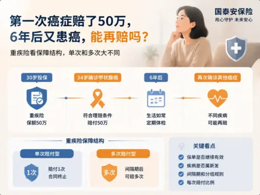 第一次癌症已经赔了50万，6年后又查出另一种癌症，原来的重疾险还能再赔一次吗？